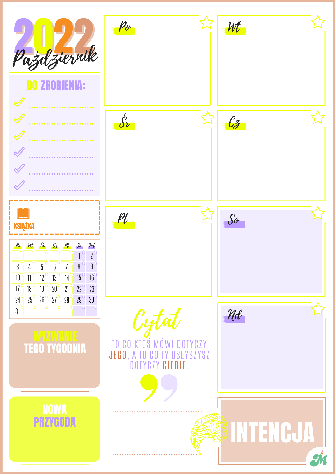 Kalendarz planer tygodniowy Październik 2022 Dziewczyny Motywuja