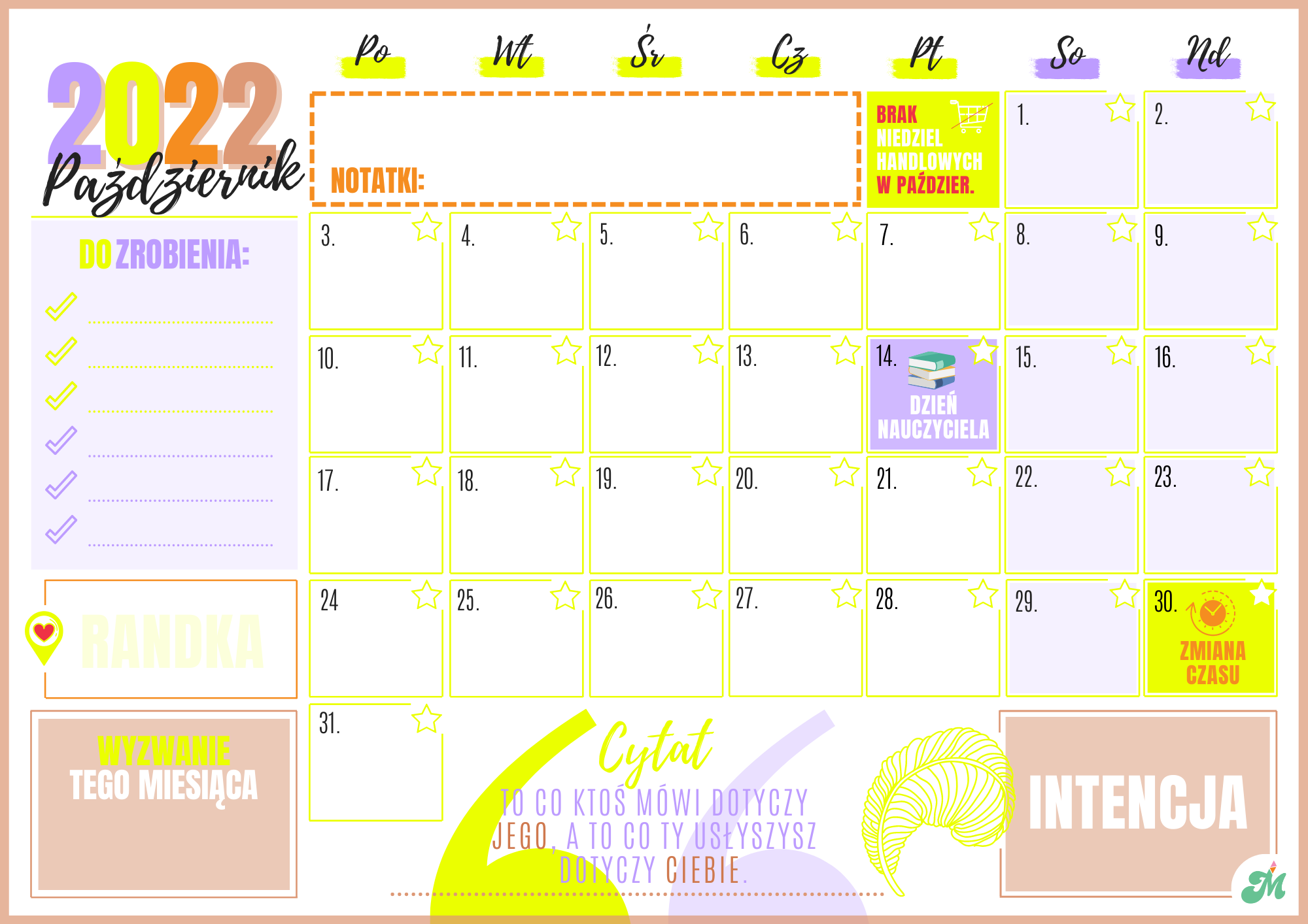 kalendarz miesieczny Październik 2022 dziewczyny motywuja kolorowy