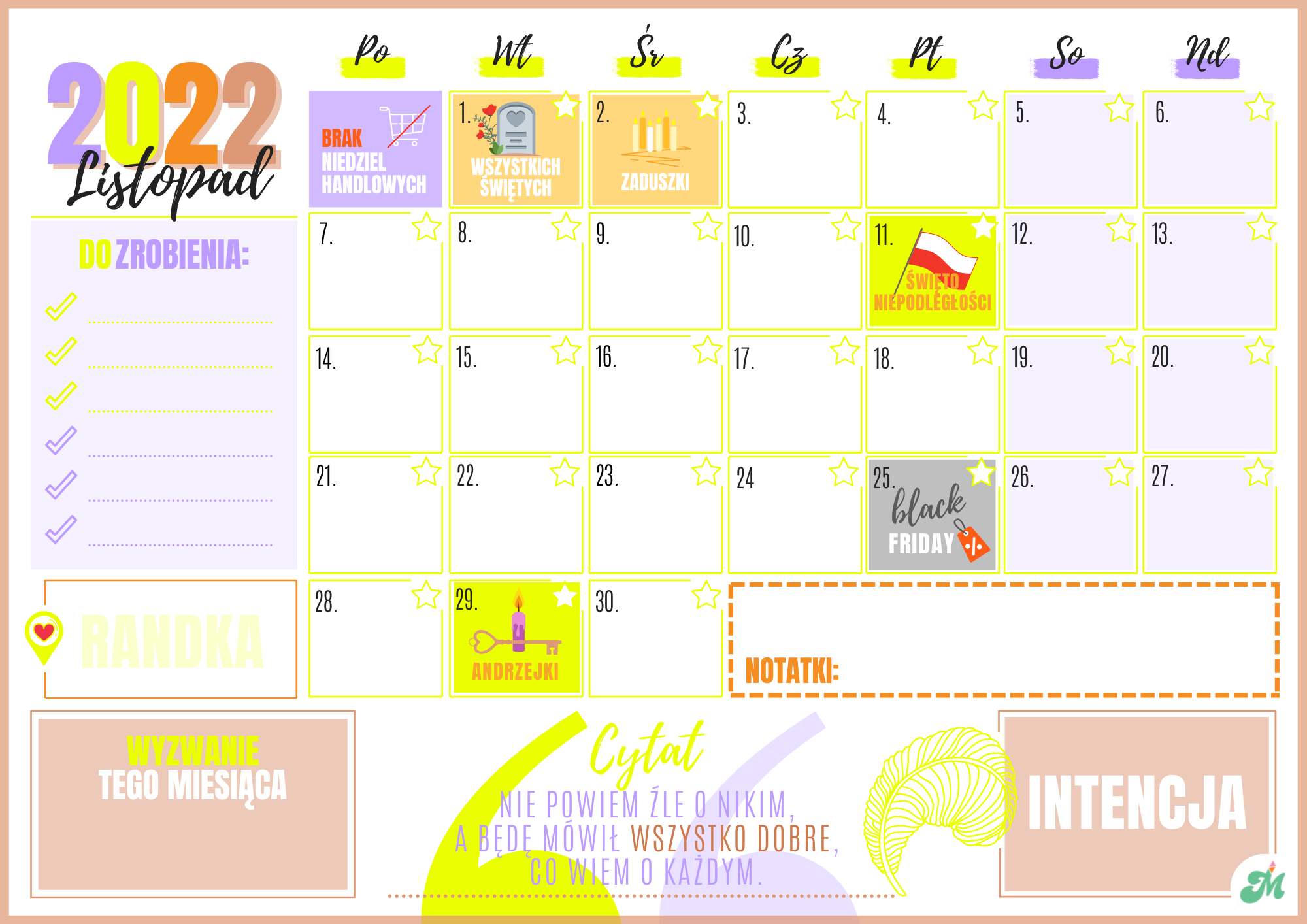 Kalendarz miesieczny Listopad 2022 dziewczyny motywuja czekolada neon