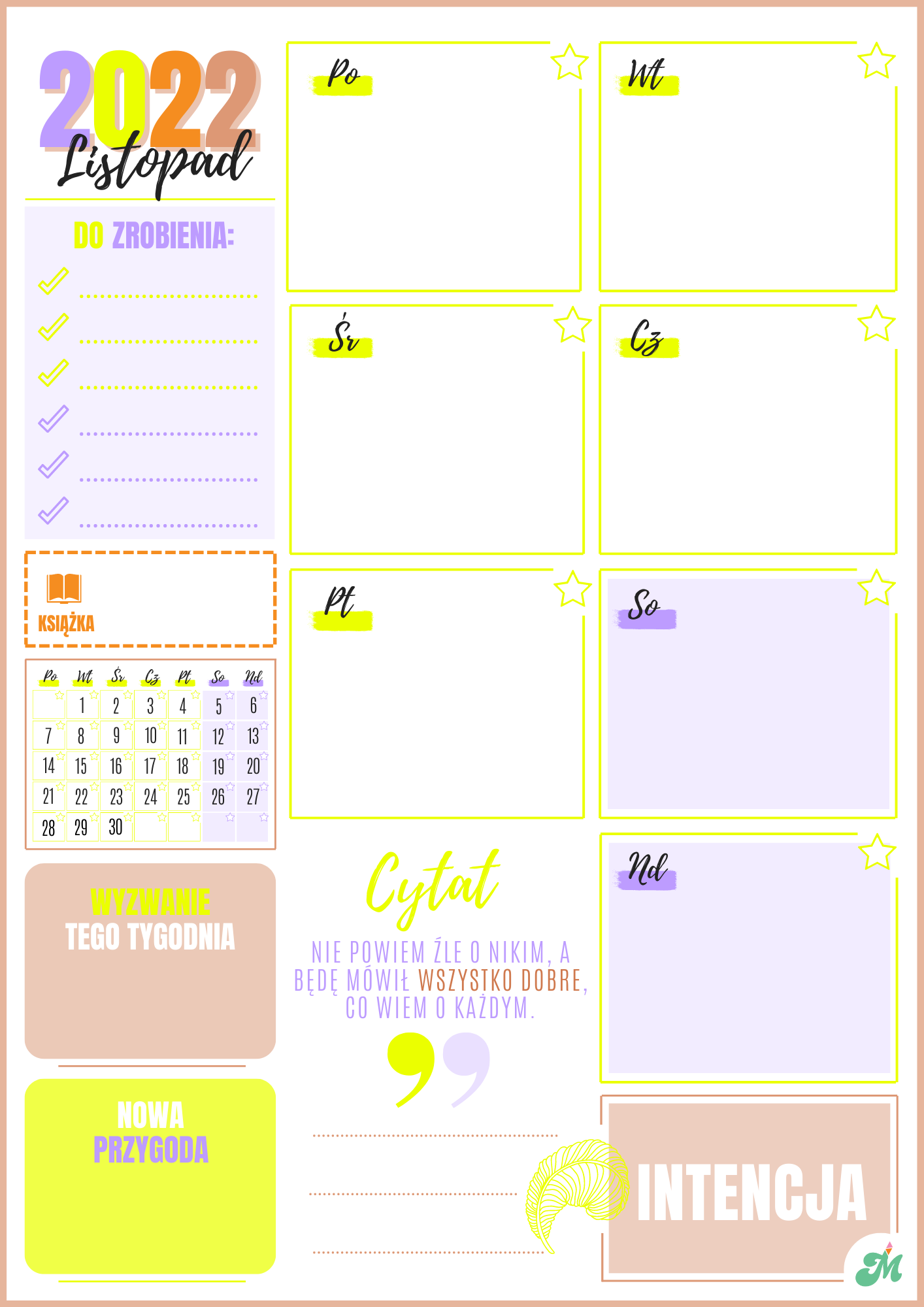 Kalendarz tygodniowy planer Listopad 2022 Dziewczyny Motywuja